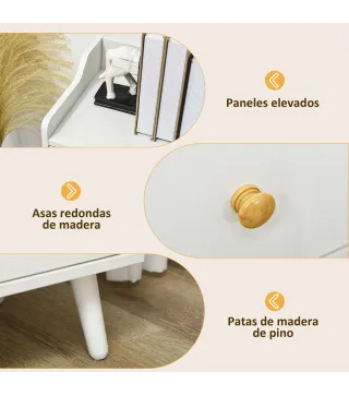 Aparador de Salón Moderno Aparador de Cocina con 2 Puertas 3 Cajones y Patas de Madera de Pino 90x32x80 cm Blanco