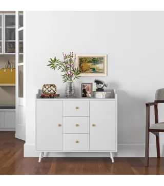 Aparador de Salón Moderno Aparador de Cocina con 2 Puertas 3 Cajones y Patas de Madera de Pino 90x32x80 cm Blanco