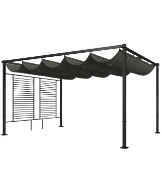 Pérgola de Jardín 4x3 m con Techo Retráctil 2 Paneles de Privacidad UPF50+ Cenador de Jardín para Patio Exterior Gris