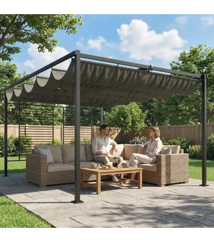 Pérgola de Jardín 4x3 m con Techo Retráctil 2 Paneles de Privacidad UPF50+ Cenador de Jardín para Patio Exterior Gris