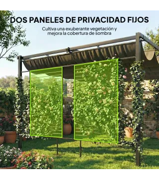 Pérgola de Jardín 4x3 m con Techo Retráctil 2 Paneles de Privacidad UPF50+ Cenador de Jardín para Patio Exterior Gris