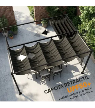 Pérgola de Jardín 4x3 m con Techo Retráctil 2 Paneles de Privacidad UPF50+ Cenador de Jardín para Patio Exterior Gris