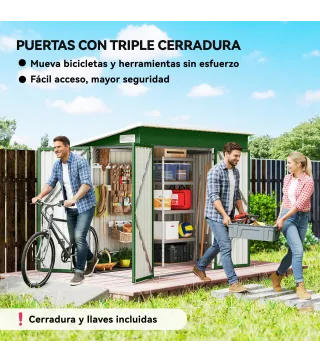 Cobertizo de Jardín Exterior 2,7 m² 234x132x185 cm con Triple Puerta Cerradura y Ranuras de Ventilación Verde