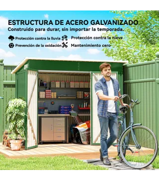 Cobertizo de Jardín Exterior 2,7 m² 234x132x185 cm con Triple Puerta Cerradura y Ranuras de Ventilación Verde