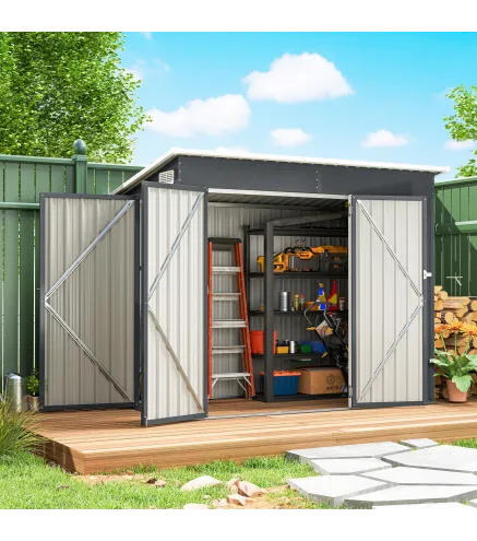 Cobertizo de Jardín Exterior 2,7 m² 234x132x185 cm con Triple Puerta Cerradura y Ranuras de Ventilación Gris