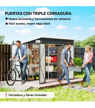 Cobertizo de Jardín Exterior 2,7 m² 234x132x185 cm con Triple Puerta Cerradura y Ranuras de Ventilación Gris