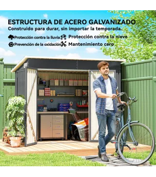 Cobertizo de Jardín Exterior 2,7 m² 234x132x185 cm con Triple Puerta Cerradura y Ranuras de Ventilación Gris