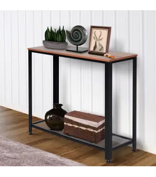 Mesa de Consola Industrial Mesa de Entrada con Estante Inferior de Malla Metálica Carga 30 kg 101x35x80cm Marrón y Negro