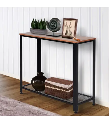 Mesa de Consola Industrial Mesa de Entrada con Estante Inferior de Malla Metálica Carga 30 kg 101x35x80cm Marrón y Negro