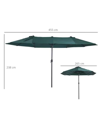 Sombrilla Doble para Jardín 455x265x238 cm Parasol Grande con Manivela Manual Protección Solar Verde Oscuro