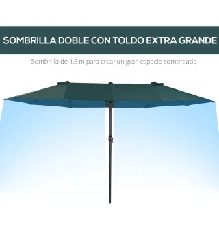 Sombrilla Doble para Jardín 455x265x238 cm Parasol Grande con Manivela Manual Protección Solar Verde Oscuro