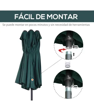 Sombrilla Doble para Jardín 455x265x238 cm Parasol Grande con Manivela Manual Protección Solar Verde Oscuro