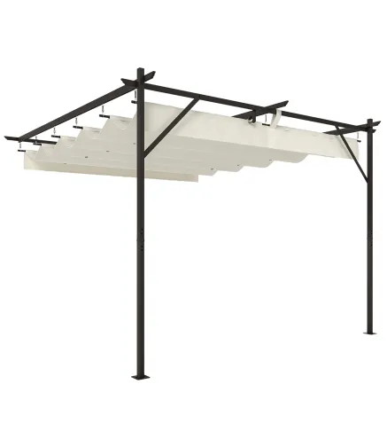 Pérgola de Pared de Jardín 3x3 m con Techo Retráctil Protección UPF30+ Drenaje Cenador de Jardín para Exterior Crema