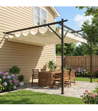 Pérgola de Pared de Jardín 3x3 m con Techo Retráctil Protección UPF30+ Drenaje Cenador de Jardín para Exterior Crema