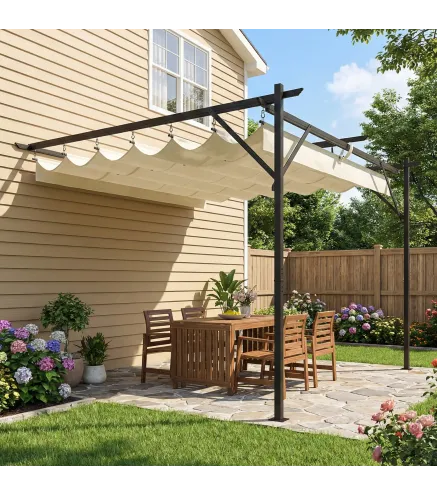 Pérgola de Pared de Jardín 3x3 m con Techo Retráctil Protección UPF30+ Drenaje Cenador de Jardín para Exterior Crema