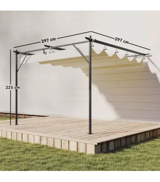 Pérgola de Pared de Jardín 3x3 m con Techo Retráctil Protección UPF30+ Drenaje Cenador de Jardín para Exterior Crema