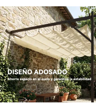 Pérgola de Pared de Jardín 3x3 m con Techo Retráctil Protección UPF30+ Drenaje Cenador de Jardín para Exterior Crema