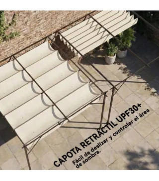 Pérgola de Pared de Jardín 3x3 m con Techo Retráctil Protección UPF30+ Drenaje Cenador de Jardín para Exterior Crema