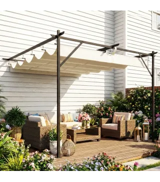 Pérgola de Pared de Jardín 3x3 m con Techo Retráctil Protección UPF30+ Drenaje Cenador de Jardín para Exterior Crema