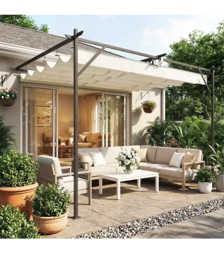Pérgola de Pared de Jardín 4x3 m con Techo Retráctil Protección UPF30+ Drenaje Cenador de Jardín para Exterior Crema