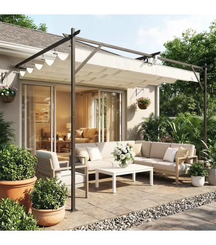 Pérgola de Pared de Jardín 4x3 m con Techo Retráctil Protección UPF30+ Drenaje Cenador de Jardín para Exterior Crema