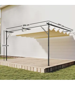 Pérgola de Pared de Jardín 4x3 m con Techo Retráctil Protección UPF30+ Drenaje Cenador de Jardín para Exterior Crema