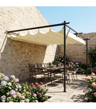 Pérgola de Pared de Jardín 4x3 m con Techo Retráctil Protección UPF30+ Drenaje Cenador de Jardín para Exterior Crema