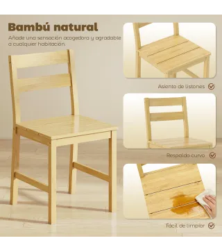 Juego de 2 Sillas de Comedor de Bambú con Asiento con Listones Respaldo Curvado Sin Brazos Natural