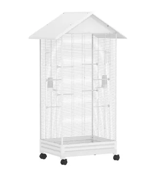 Jaula para Pájaros con Ruedas 79x65x155 cm Jaula Grande con 2 Comederos 8 Perchas y Bandeja Extraíble Blanco