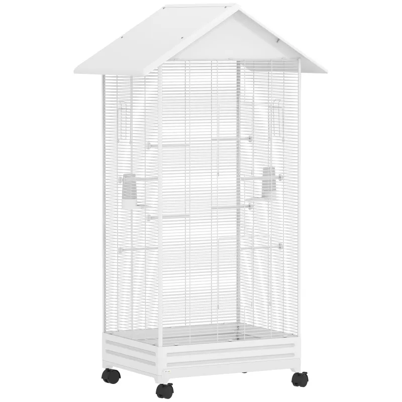 Jaula para Pájaros con Ruedas 79x65x155 cm Jaula Grande con 2 Comederos 8 Perchas y Bandeja Extraíble Blanco