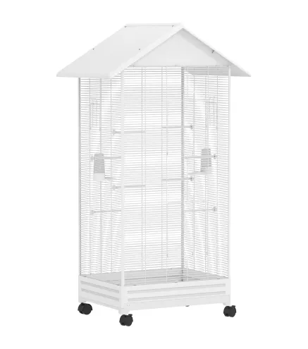 Jaula para Pájaros con Ruedas 79x65x155 cm Jaula Grande con 2 Comederos 8 Perchas y Bandeja Extraíble Blanco