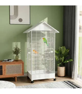 Jaula para Pájaros con Ruedas 79x65x155 cm Jaula Grande con 2 Comederos 8 Perchas y Bandeja Extraíble Blanco