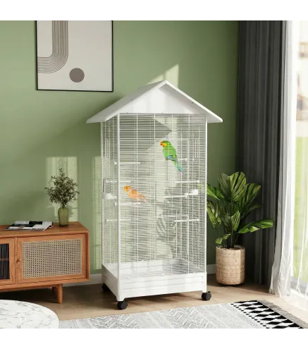 Jaula para Pájaros con Ruedas 79x65x155 cm Jaula Grande con 2 Comederos 8 Perchas y Bandeja Extraíble Blanco