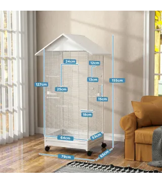 Jaula para Pájaros con Ruedas 79x65x155 cm Jaula Grande con 2 Comederos 8 Perchas y Bandeja Extraíble Blanco
