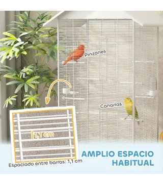 Jaula para Pájaros con Ruedas 79x65x155 cm Jaula Grande con 2 Comederos 8 Perchas y Bandeja Extraíble Blanco
