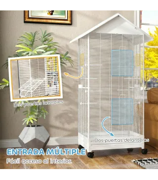 Jaula para Pájaros con Ruedas 79x65x155 cm Jaula Grande con 2 Comederos 8 Perchas y Bandeja Extraíble Blanco