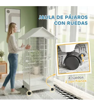 Jaula para Pájaros con Ruedas 79x65x155 cm Jaula Grande con 2 Comederos 8 Perchas y Bandeja Extraíble Blanco
