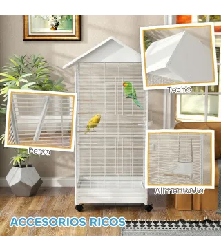 Jaula para Pájaros con Ruedas 79x65x155 cm Jaula Grande con 2 Comederos 8 Perchas y Bandeja Extraíble Blanco
