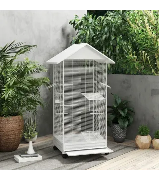 Jaula para Pájaros con Ruedas 79x65x155 cm Jaula Grande con 2 Comederos 8 Perchas y Bandeja Extraíble Blanco