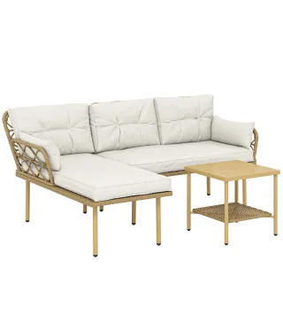 Conjunto de Jardín Exterior de Ratán con 1 Sofá de 2 Plazas 1 Sofá Esquinera y 1 Mesa de Centro Natural y Crema