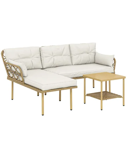 Conjunto de Jardín Exterior de Ratán con 1 Sofá de 2 Plazas 1 Sofá Esquinera y 1 Mesa de Centro Natural y Crema