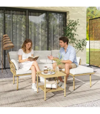 Conjunto de Jardín Exterior de Ratán con 1 Sofá de 2 Plazas 1 Sofá Esquinera y 1 Mesa de Centro Natural y Crema