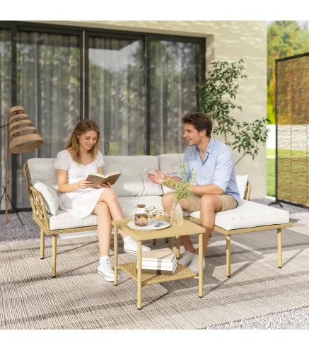 Conjunto de Jardín Exterior de Ratán con 1 Sofá de 2 Plazas 1 Sofá Esquinera y 1 Mesa de Centro Natural y Crema