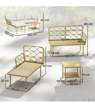 Conjunto de Jardín Exterior de Ratán con 1 Sofá de 2 Plazas 1 Sofá Esquinera y 1 Mesa de Centro Natural y Crema