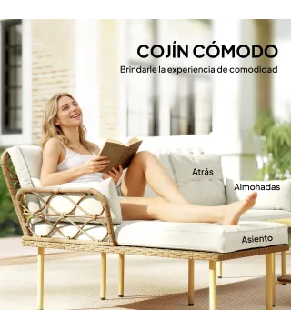 Conjunto de Jardín Exterior de Ratán con 1 Sofá de 2 Plazas 1 Sofá Esquinera y 1 Mesa de Centro Natural y Crema