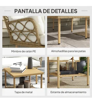 Conjunto de Jardín Exterior de Ratán con 1 Sofá de 2 Plazas 1 Sofá Esquinera y 1 Mesa de Centro Natural y Crema
