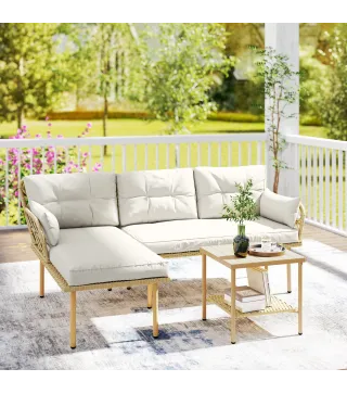 Conjunto de Jardín Exterior de Ratán con 1 Sofá de 2 Plazas 1 Sofá Esquinera y 1 Mesa de Centro Natural y Crema