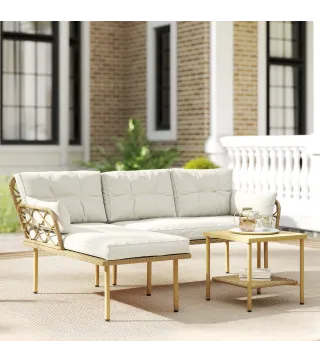 Conjunto de Jardín Exterior de Ratán con 1 Sofá de 2 Plazas 1 Sofá Esquinera y 1 Mesa de Centro Natural y Crema