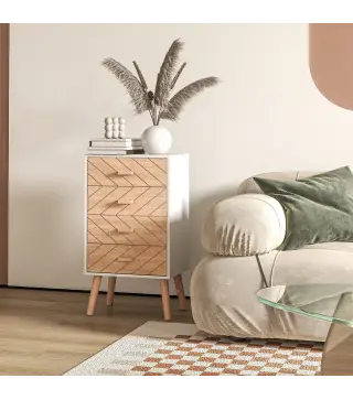 Cómoda con 4 Cajones Cómoda de Dormitorio Mesita de Noche con Patas Elevadas para Salón 40x30x75 cm Blanco y Natural