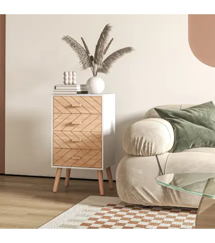 Cómoda con 4 Cajones Cómoda de Dormitorio Mesita de Noche con Patas Elevadas para Salón 40x30x75 cm Blanco y Natural